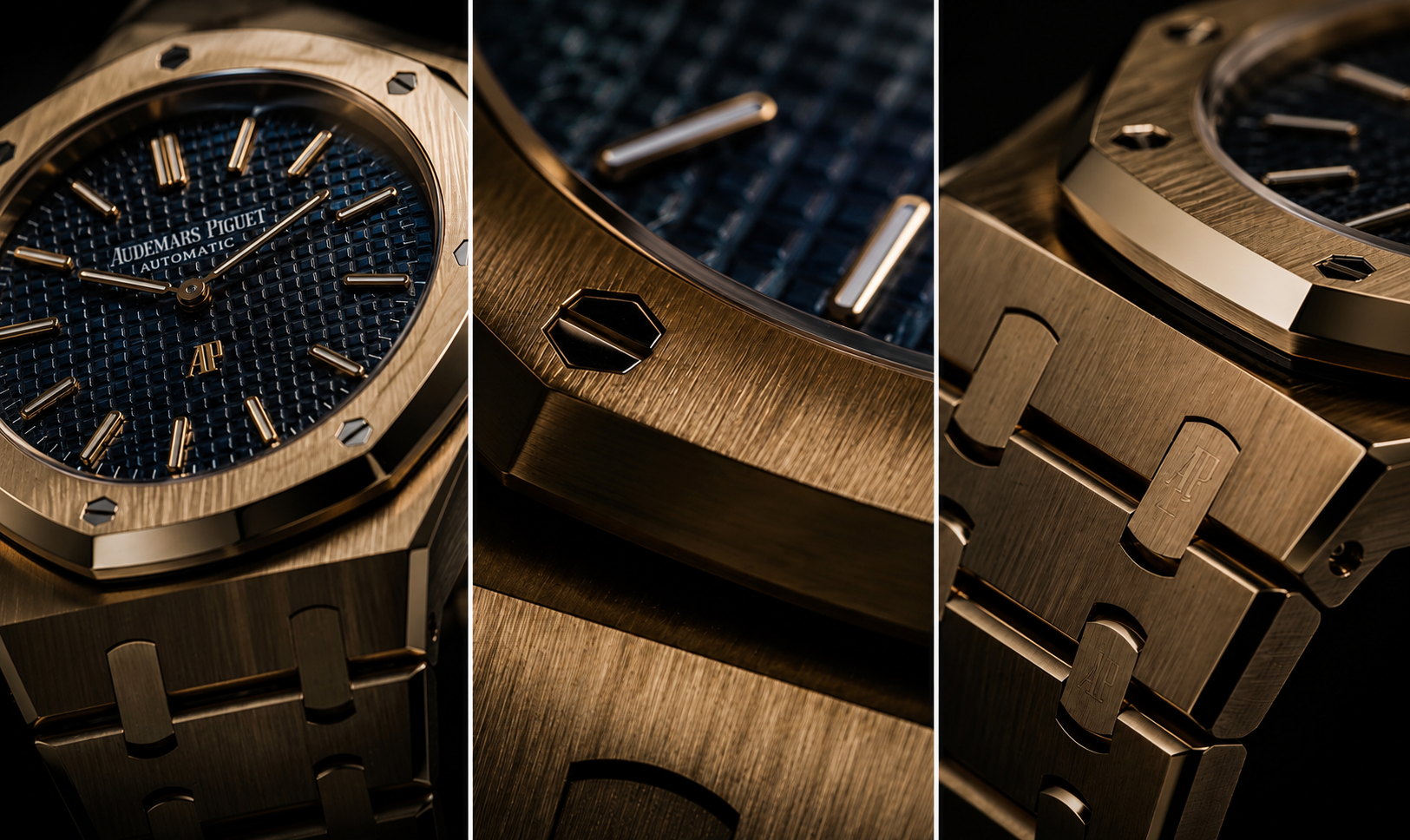 Detalles de un Audemars Piguet Royal Oak en oro con esfera azul, bisel octogonal y brazalete integrado