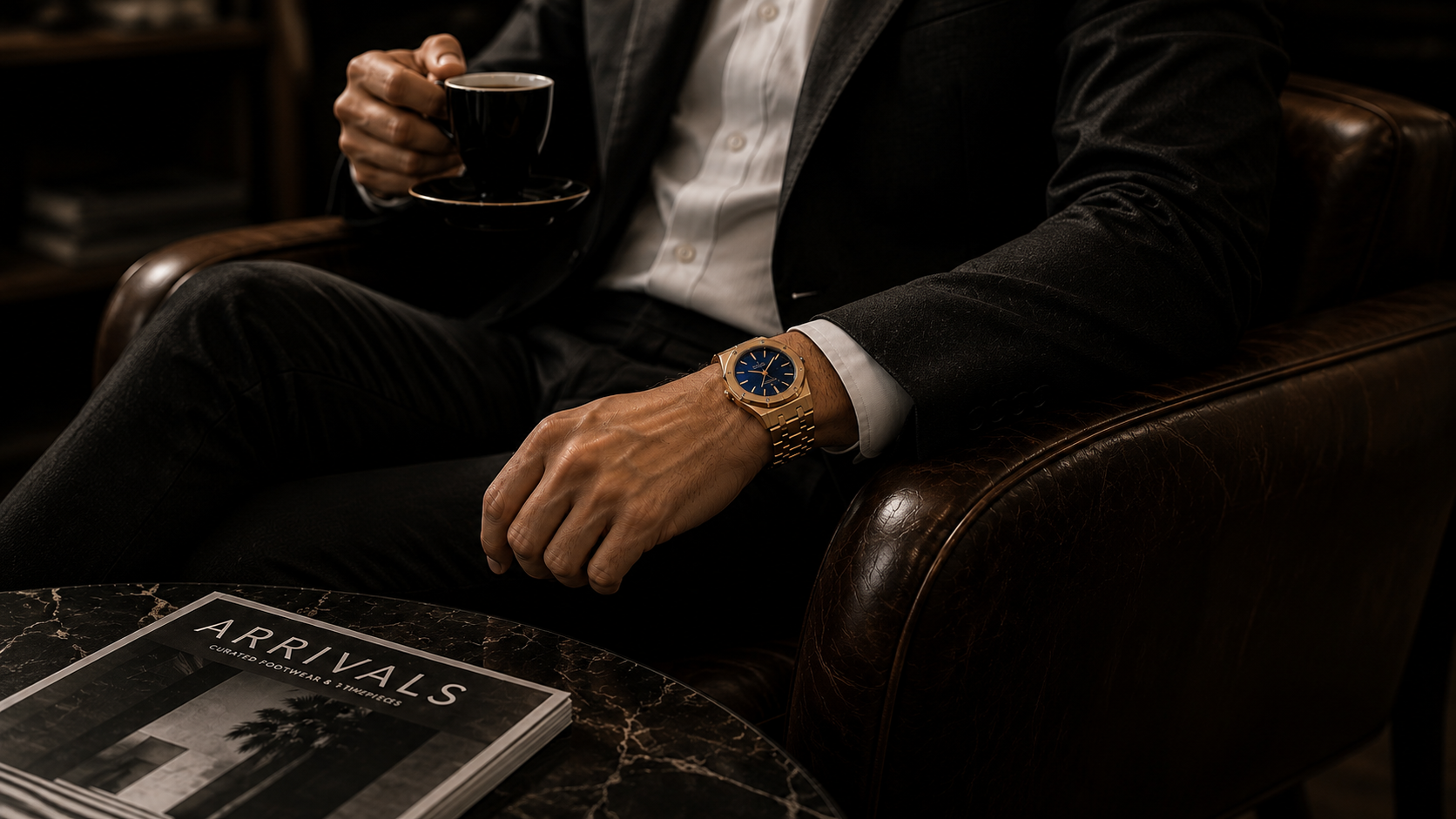 Hombre en traje oscuro con un Royal Oak de oro en la muñeca, sentado en un sillón de piel junto a una revista ARRIVALS