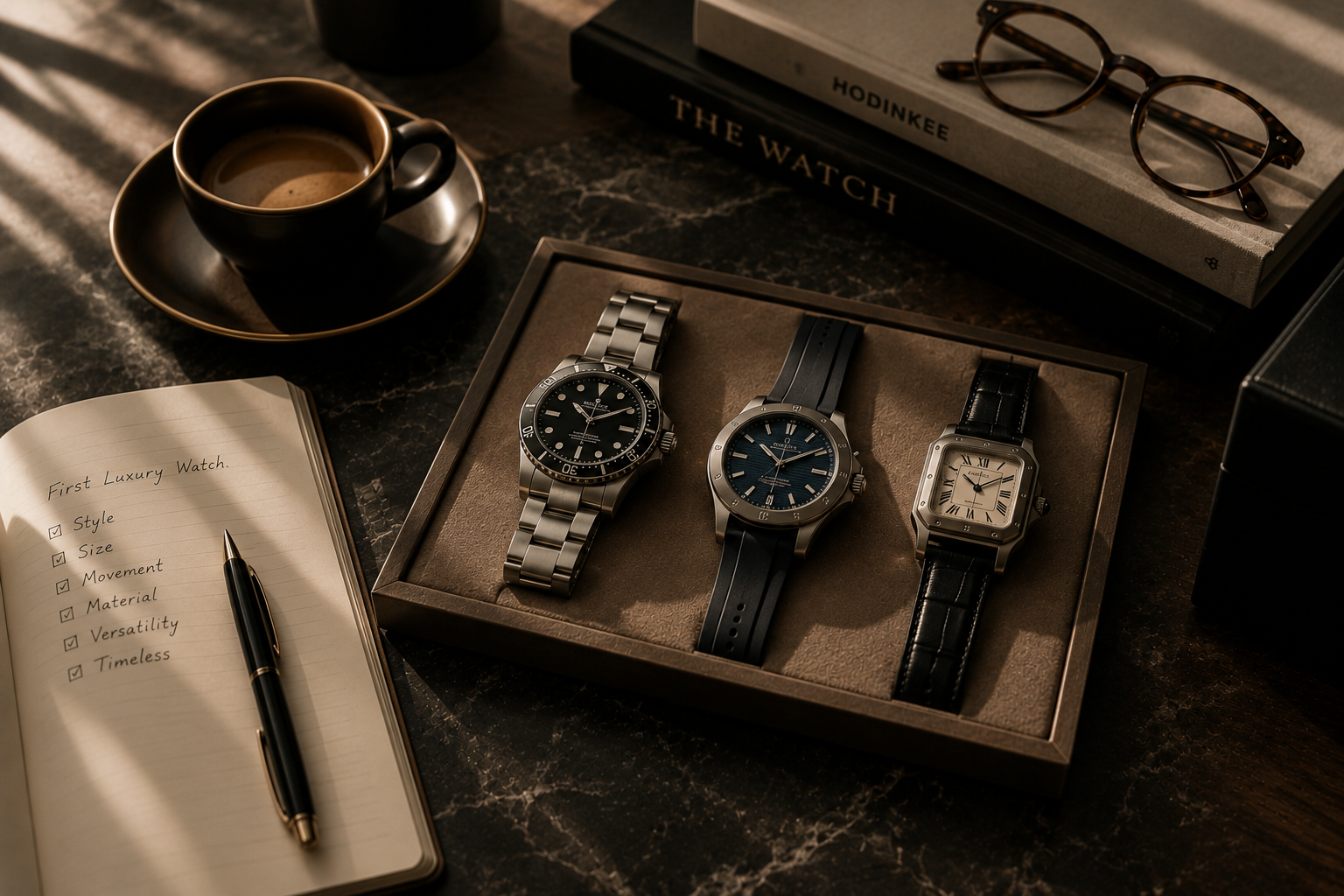Tres relojes de lujo sobre una bandeja junto a un cuaderno con una lista de verificación