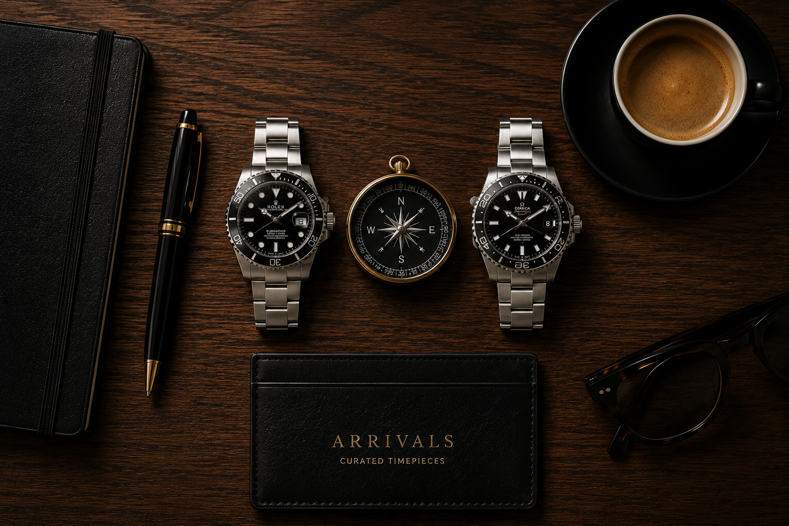 Un Rolex y un Omega de acero sobre una mesa de madera, junto a una brújula y una tarjetera ARRIVALS