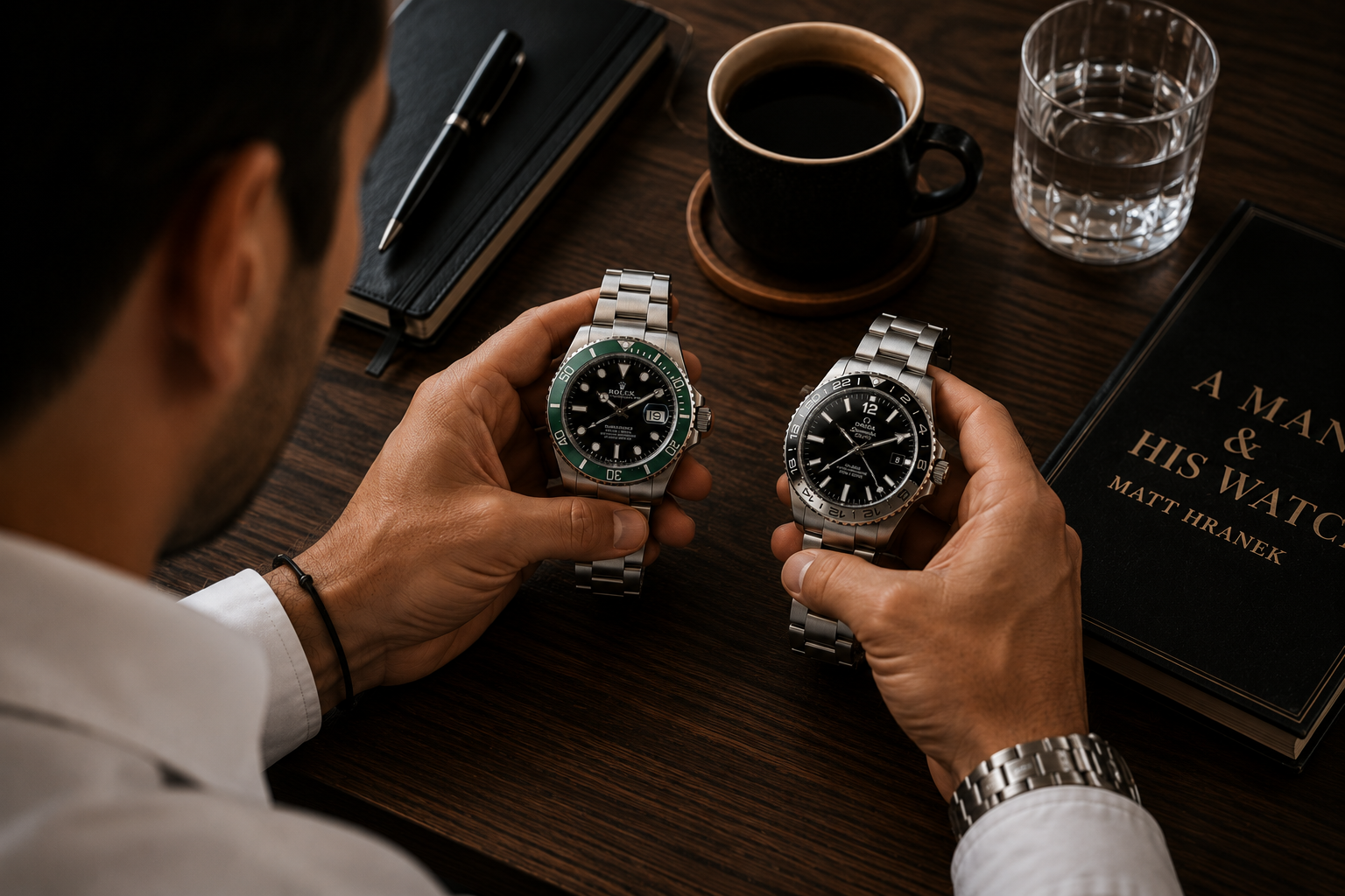 Persona comparando un Rolex de bisel verde y un Omega de acero sobre una mesa de madera