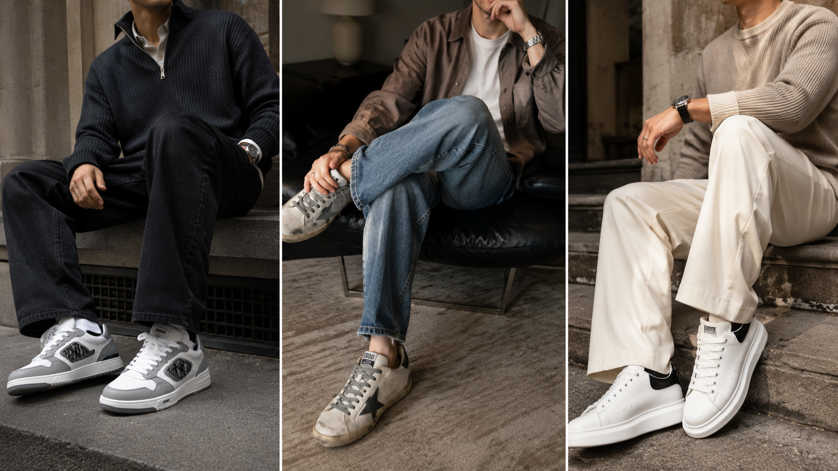 Tres looks masculinos con sneakers de lujo en tonos neutros, fotografiados en la calle