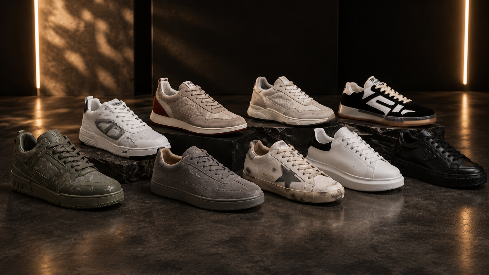 Nueve sneakers de lujo alineados sobre una superficie de piedra con iluminación cálida