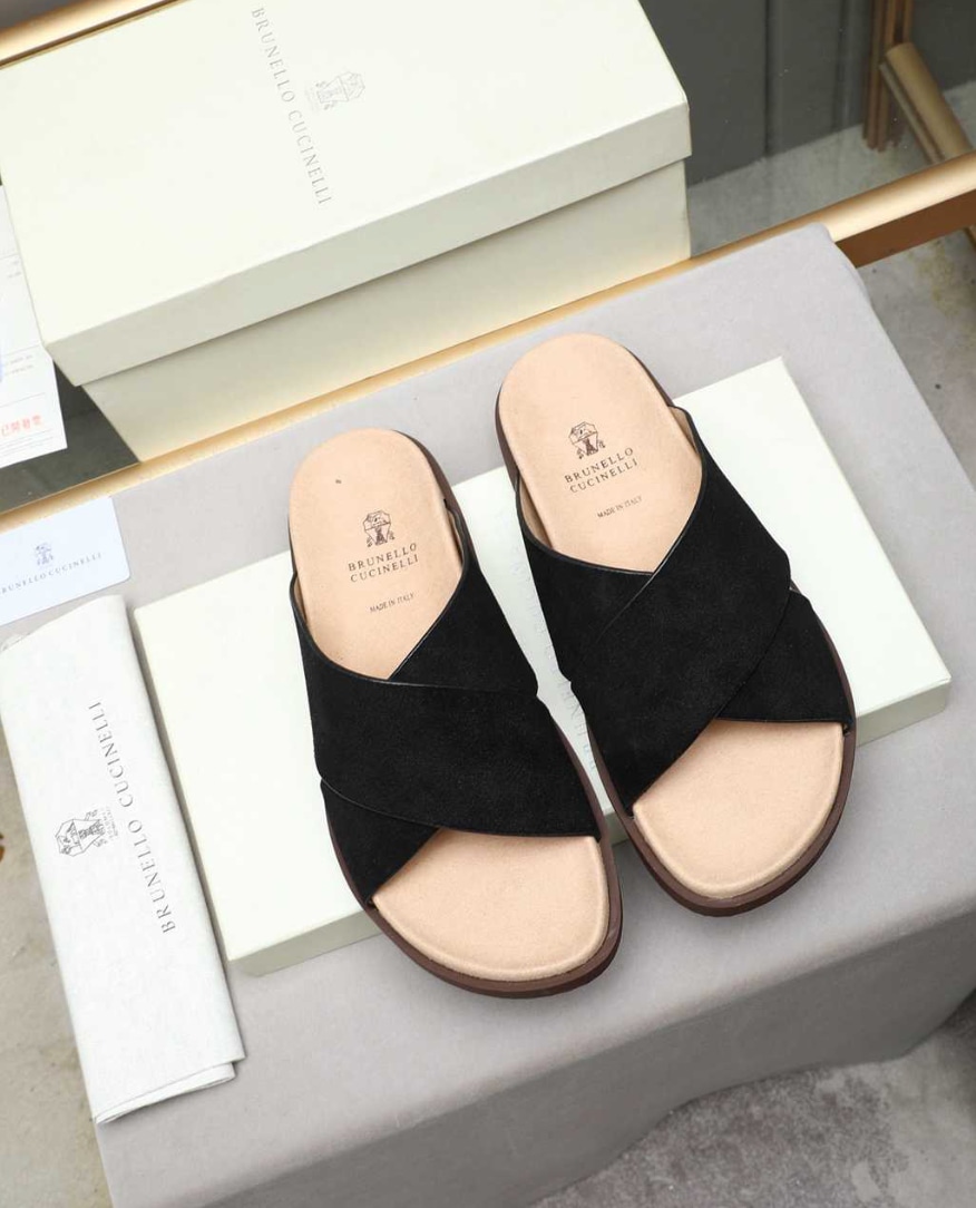 Brunello Cucinelli Suede Crisscross Slide Black Brown Sole — vista principal