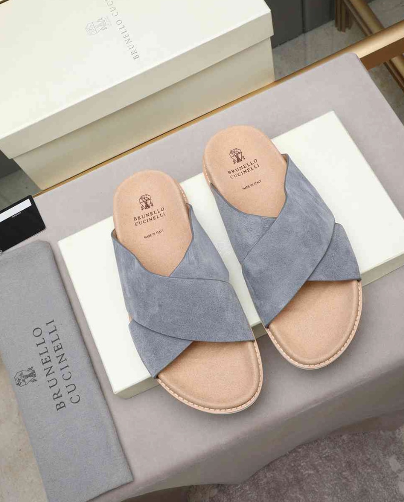 Brunello Cucinelli Suede Crisscross Slide Steel Blue — vista principal