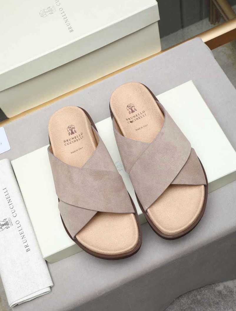 Brunello Cucinelli Suede Crisscross Slide Taupe — vista principal