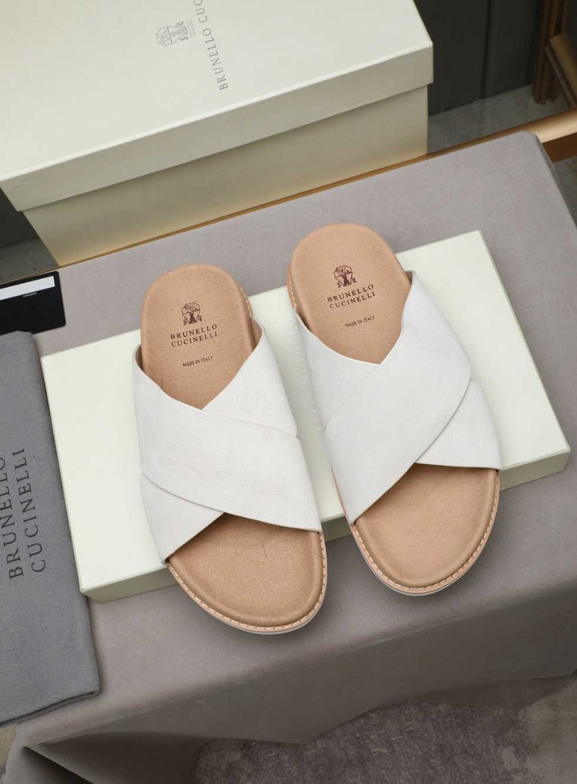 Brunello Cucinelli Suede Crisscross Slide White — vista principal