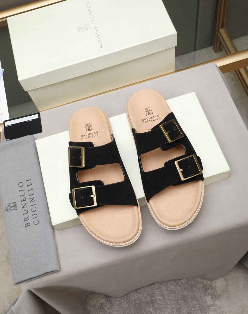 Brunello Cucinelli Suede Double Buckle Slide Black — vista principal