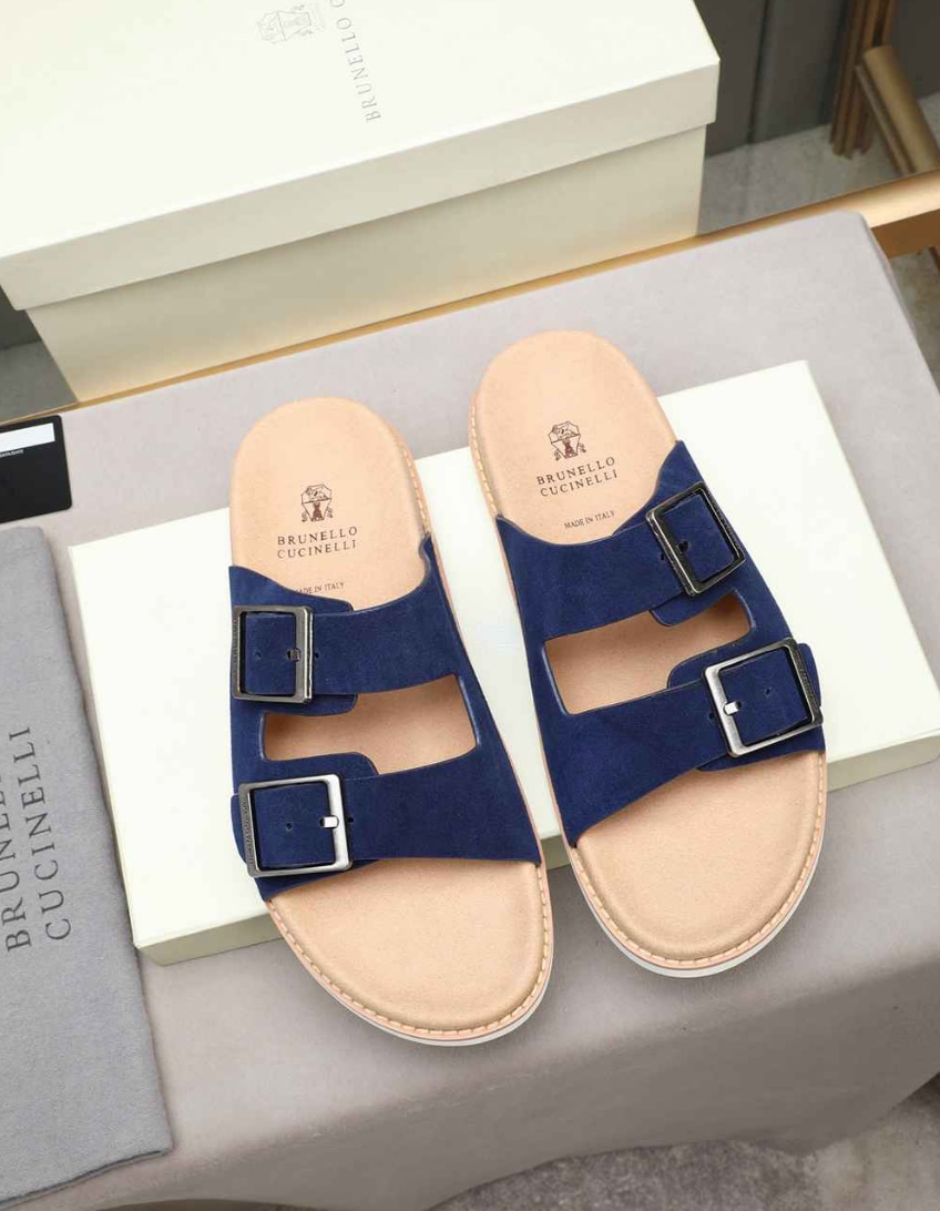 Brunello Cucinelli Suede Double Buckle Slide Navy — vista principal