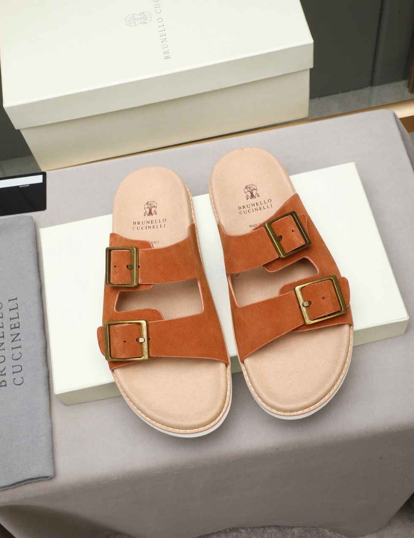 Brunello Cucinelli Suede Double Buckle Slide Rust — vista principal