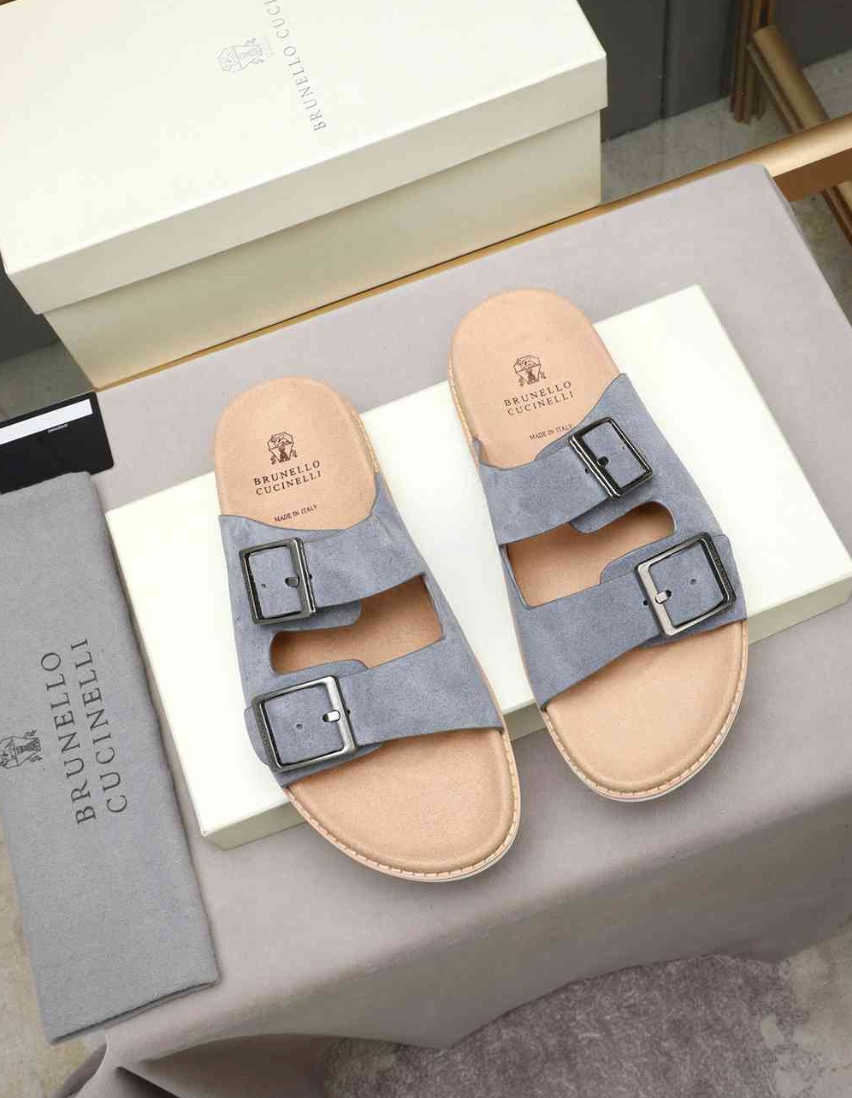 Brunello Cucinelli Suede Double Buckle Slide Steel Blue — vista principal