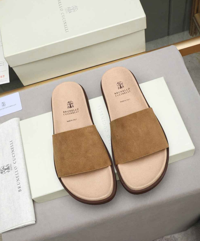 Brunello Cucinelli Suede Slide Camel — vista principal