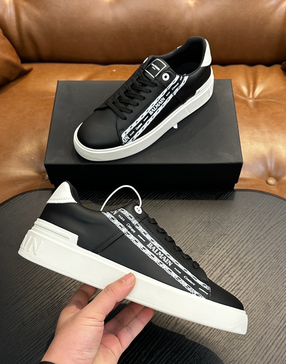 Balmain B-Court Logo Tape Sneakers Black White — vista principal
