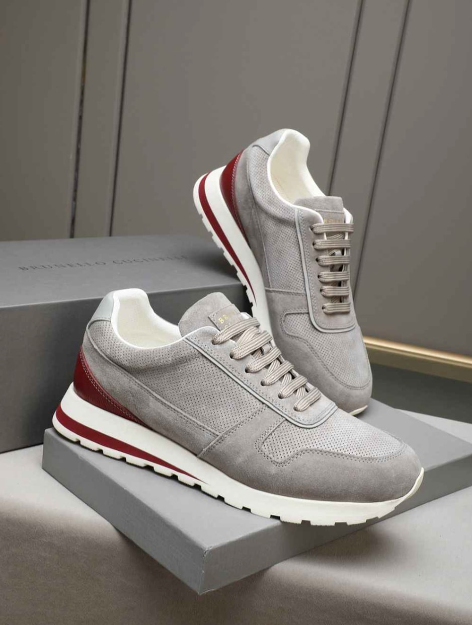 Brunello Cucinelli Perforated Runner Sneakers Grey Burgundy — vista principal