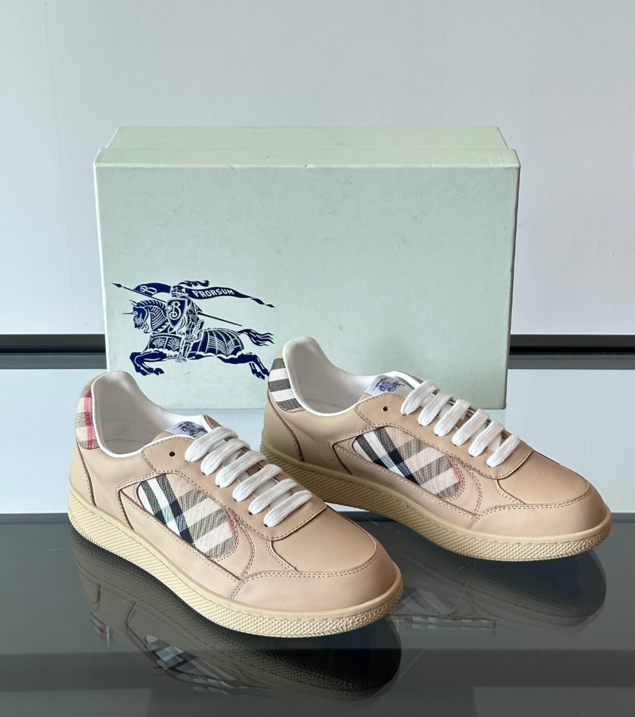 Burberry Check Panel Leather Sneakers Beige — vista principal