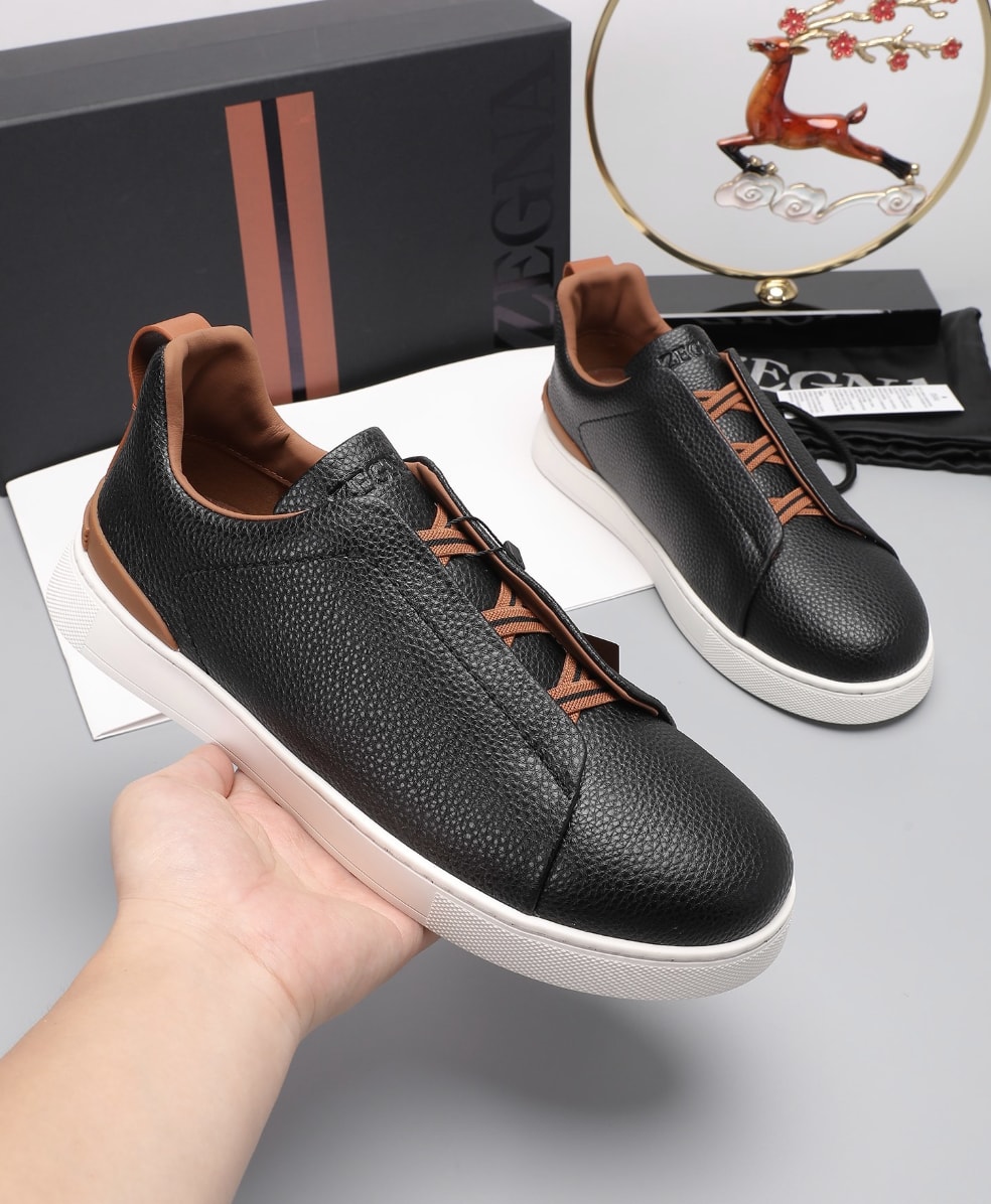 Zegna Triple Stitch Sneakers Black Brown Trim — vista principal