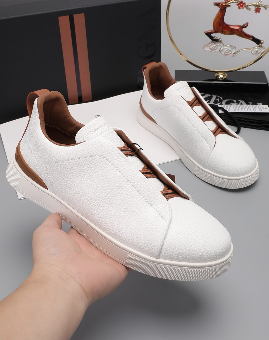 Zegna Triple Stitch Sneakers White Cognac Trim — vista principal