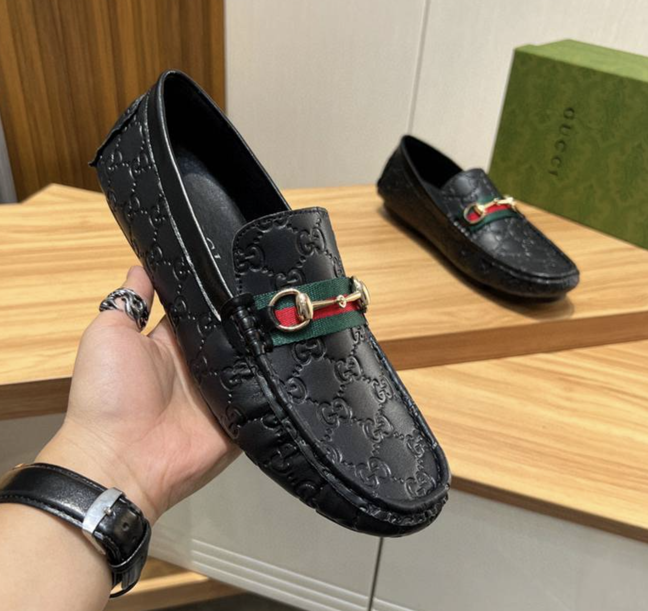 Gucci Horsebit Driver Black GG Leather — vista principal